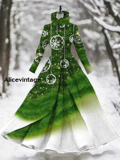 Women’s Retro Christmas Art Print Stand-Up Collar Long Sleeve 50S Elegant Slim Midi Holiday