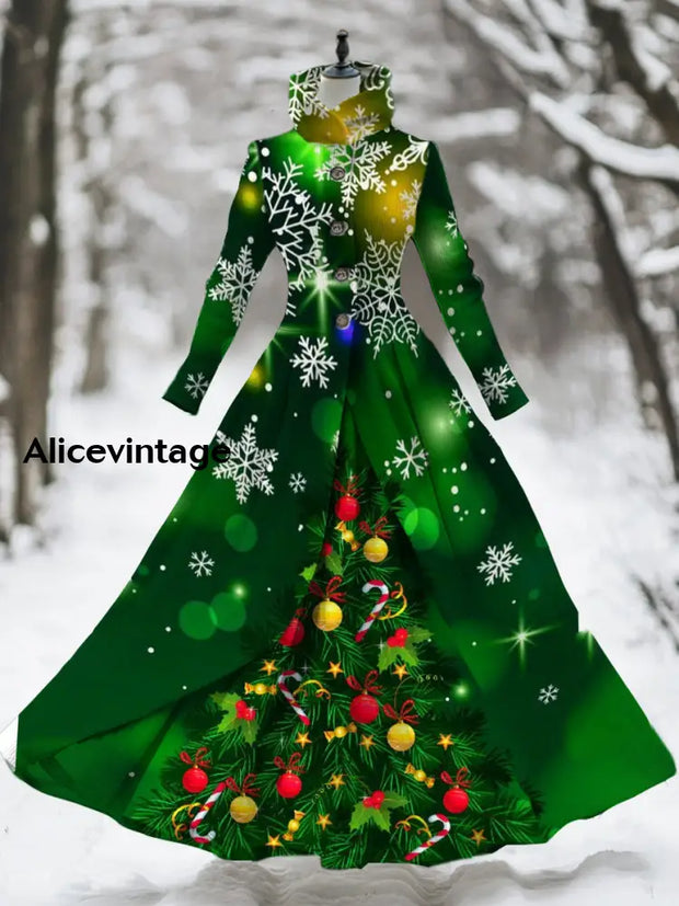 Christmas Art Print Stand Collar Vintage Long Sleeve Fake Two Piece Maxi Dress A / S