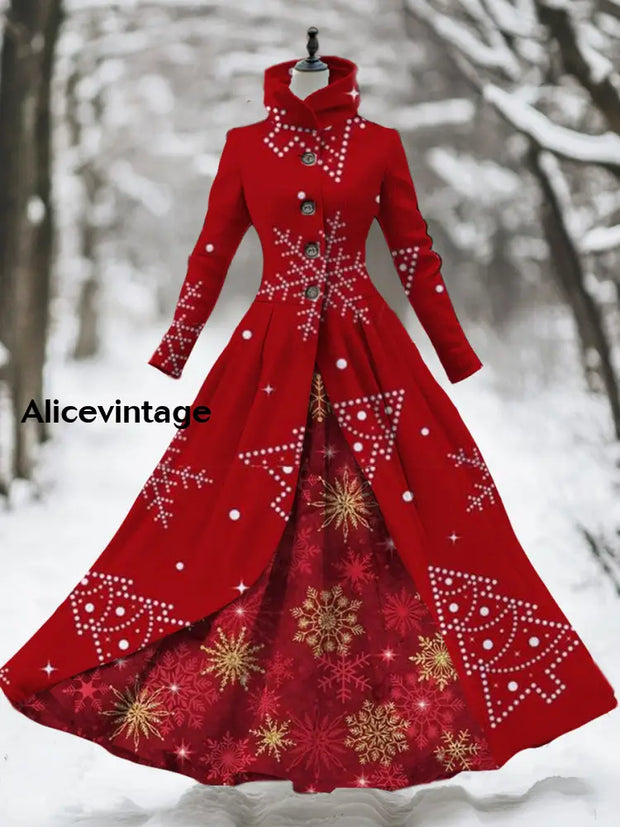 Women’s Retro Christmas Art Print Stand-Up Collar Long Sleeve 50S Elegant Slim Midi Holiday