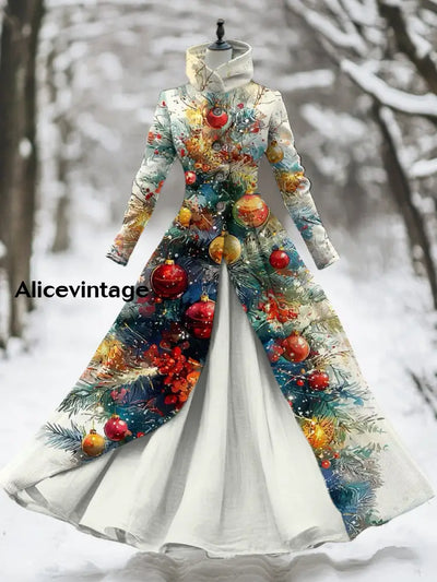 Christmas Art Print Stand Collar Vintage Long Sleeve Fake Two Piece Maxi Dress A / S