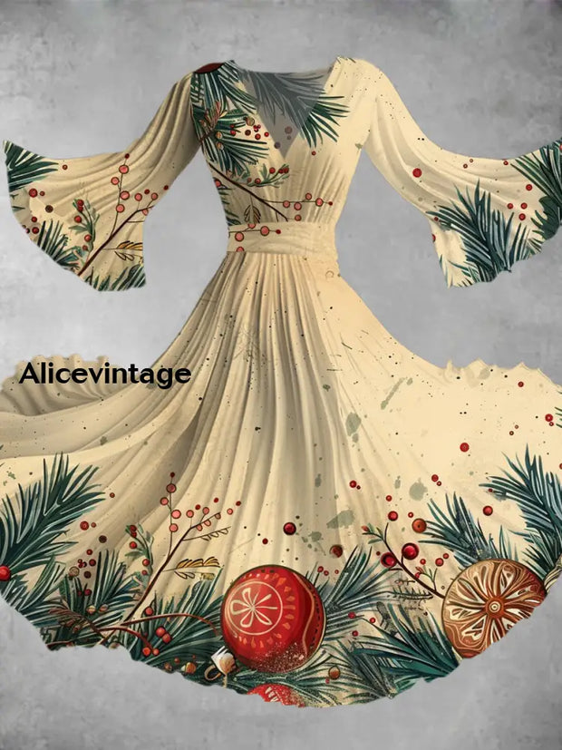 Christmas Art Print V-Neck Long Sleeve Midi Dress A / S