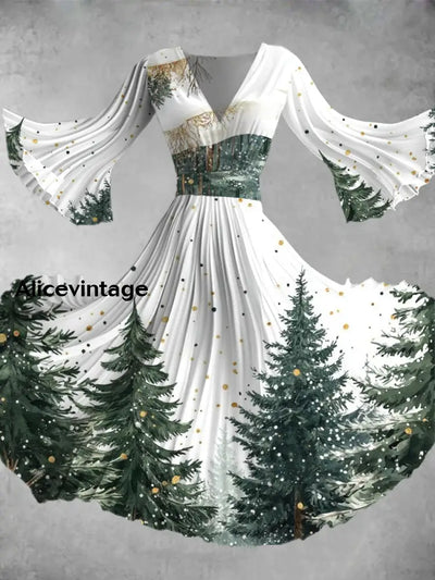 Christmas Art Print V-Neck Long Sleeve Midi Dress A / S