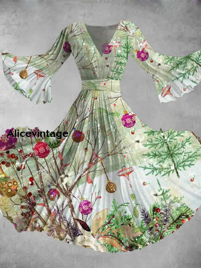 Christmas Art Print V-Neck Long Sleeve Midi Dress A / S