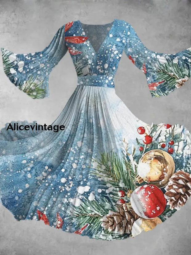 Christmas Art Print V-Neck Long Sleeve Midi Dress A / S