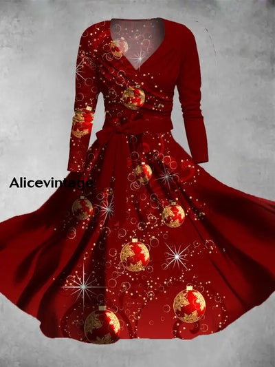 Christmas Art Print V-Neck Long Sleeve Straps Midi Dress A / S