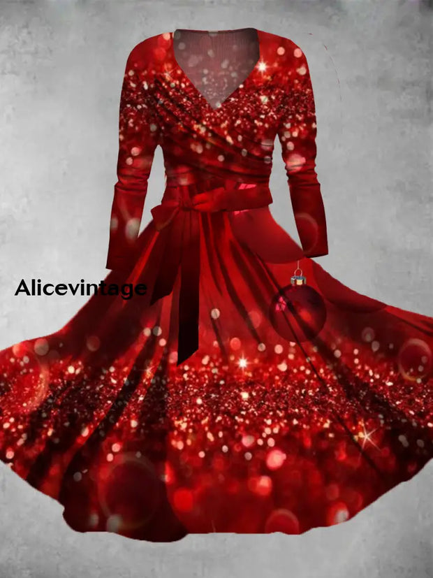 Christmas Art Print V-Neck Long Sleeve Straps Midi Dress A / S