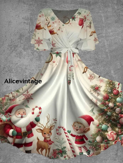 Christmas Art Print V-Neck Short Sleeve Vintage Midi Dress A / S