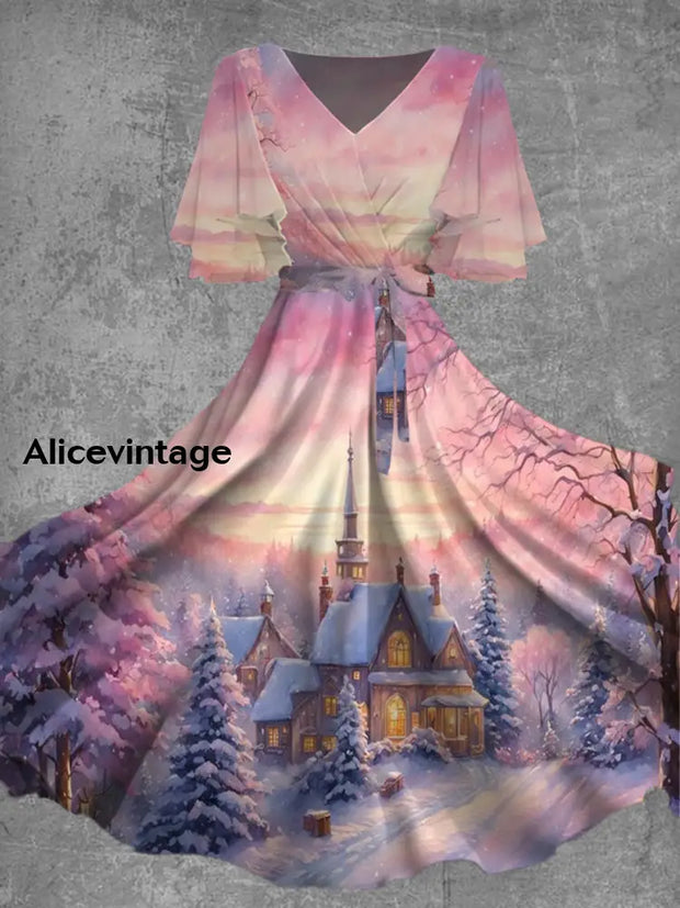 Christmas Art Print V-Neck Short Sleeve Vintage Midi Dress A / S