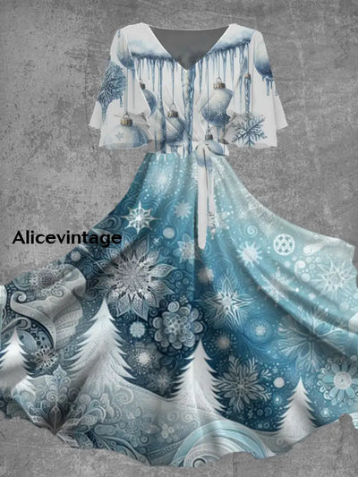 Christmas Art Print V-Neck Short Sleeve Vintage Midi Dress A / S