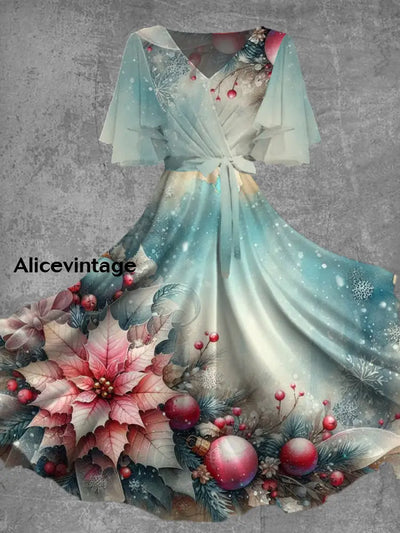 Christmas Art Print V-Neck Short Sleeve Vintage Midi Dress A / S