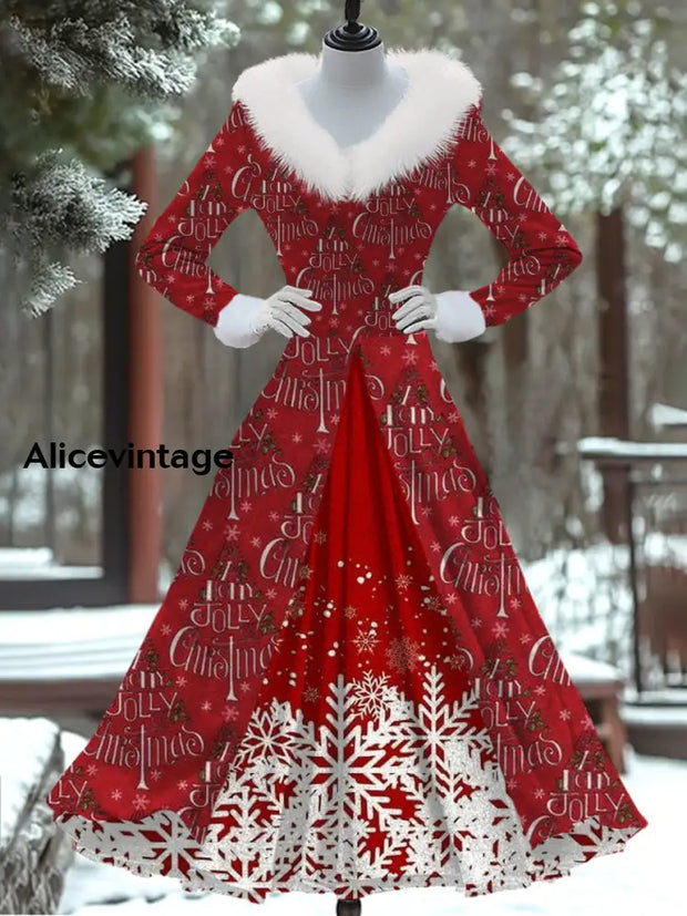 Christmas Art Print Vintage Elegant Fur Collar Long Sleeve Fake Two Piece Dress A / S