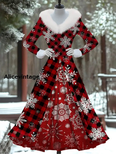 Christmas Art Print Vintage Elegant Fur Collar Long Sleeve Fake Two Piece Dress A / S