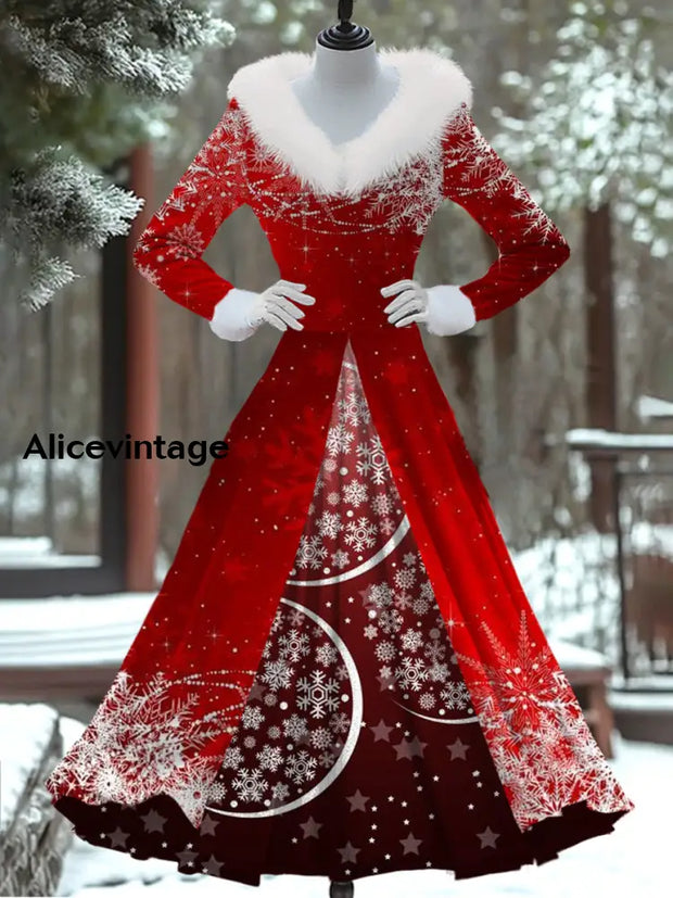 Christmas Art Print Vintage Elegant Fur Collar Long Sleeve Fake Two Piece Dress A / S