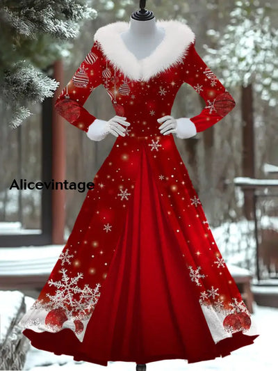 Christmas Art Print Vintage Elegant Fur Collar Long Sleeve Fake Two Piece Dress A / S