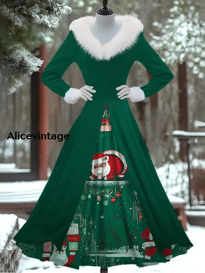 Christmas Art Print Vintage Elegant Fur Collar Long Sleeve Fake Two Piece Dress A / S