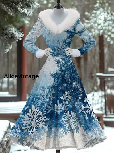 Christmas Art Print Vintage Elegant Fur Collar Long Sleeve Fake Two Piece Dress A / S