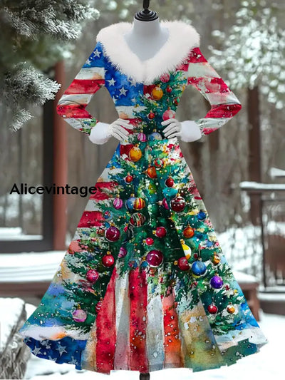 Christmas Art Print Vintage Elegant Fur Collar Long Sleeve Fake Two Piece Dress A / S