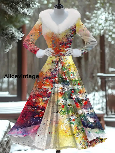 Christmas Art Print Vintage Elegant Fur Collar Long Sleeve Fake Two Piece Dress A / S