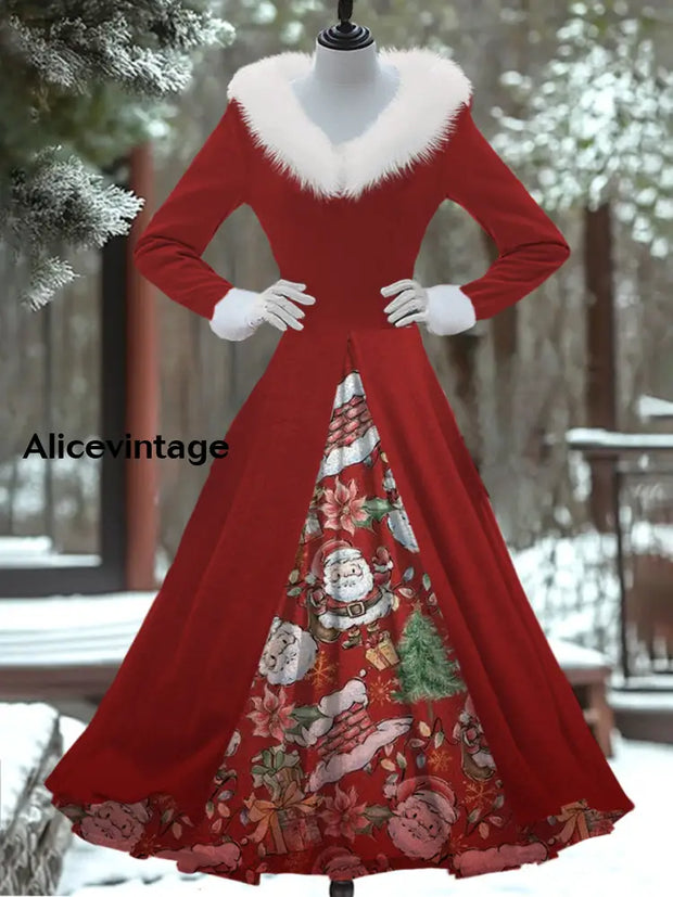 Christmas Art Print Vintage Elegant Fur Collar Long Sleeve Fake Two Piece Dress A / S