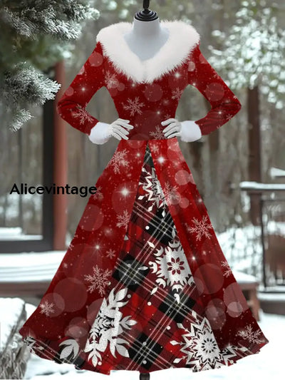 Christmas Art Print Vintage Elegant Fur Collar Long Sleeve Fake Two Piece Dress A / S