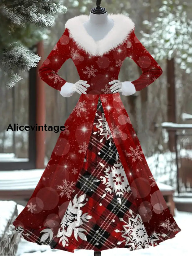 Christmas Art Print Vintage Elegant Fur Collar Long Sleeve Fake Two Piece Dress A / S