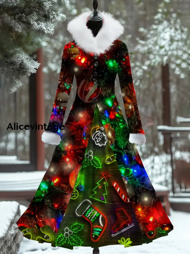 Christmas Art Print Vintage Elegant Fur Collar Long Sleeve Fake Two Piece Maxi Dress A / S