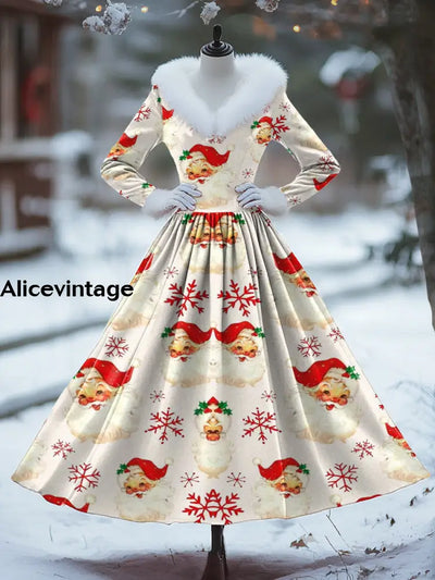 Christmas Art Print Vintage Elegant Fur Collar Long Sleeve Midi Dress A / S