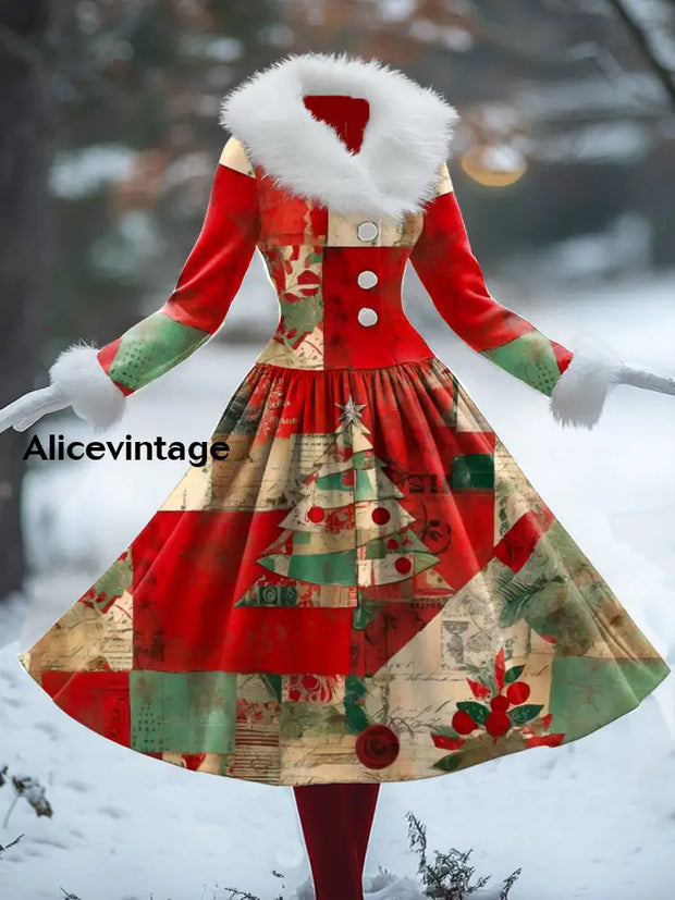 Christmas Art Print Vintage Elegant Fur Collar Long Sleeve Midi Dress A / S