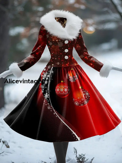 Christmas Art Print Vintage Elegant Fur Collar Long Sleeve Midi Dress A / S