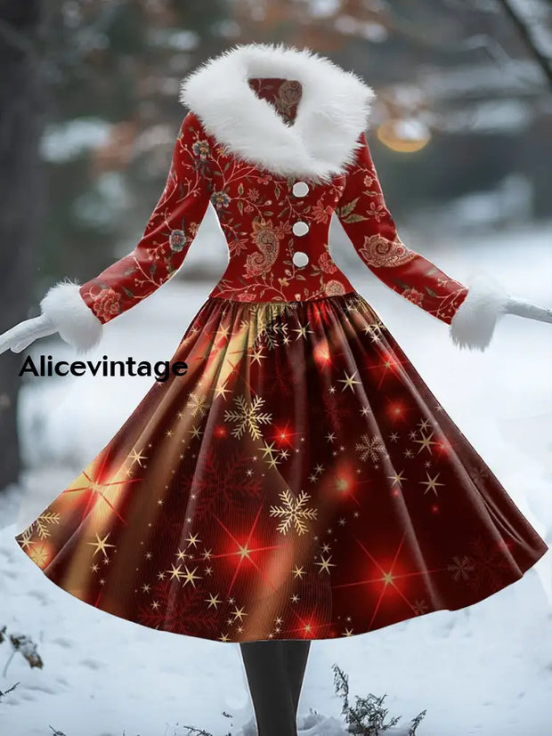 Christmas Art Print Vintage Elegant Fur Collar Long Sleeve Midi Dress A / S