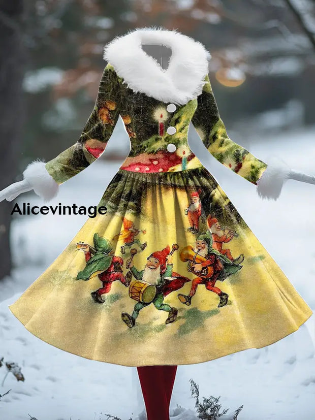 Christmas Art Print Vintage Elegant Fur Collar Long Sleeve Midi Dress A / S