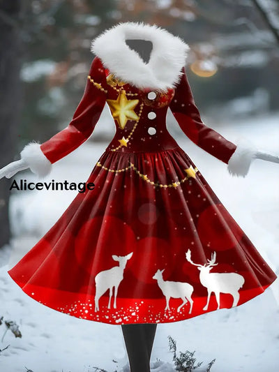 Christmas Art Print Vintage Elegant Fur Collar Long Sleeve Midi Dress A / S