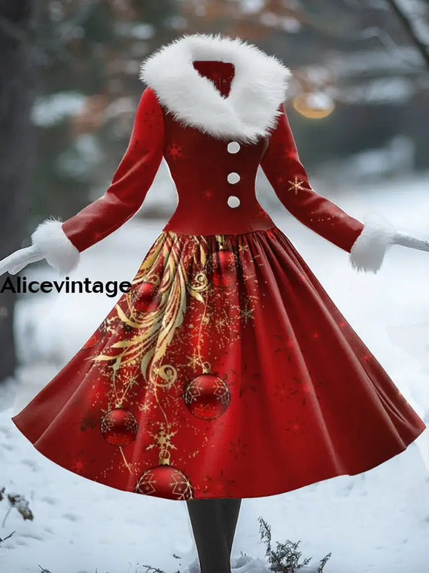 Christmas Art Print Vintage Elegant Fur Collar Long Sleeve Midi Dress A / S