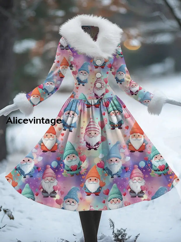 Christmas Art Print Vintage Elegant Fur Collar Long Sleeve Midi Dress A / S