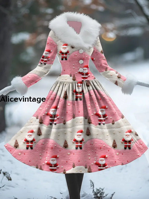 Christmas Art Print Vintage Elegant Fur Collar Long Sleeve Midi Dress A / S