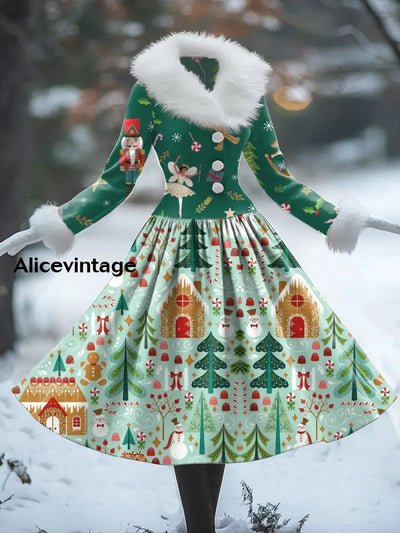 Christmas Art Print Vintage Elegant Fur Collar Long Sleeve Midi Dress A / S