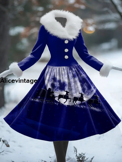 Christmas Art Print Vintage Elegant Fur Collar Long Sleeve Midi Dress A / S