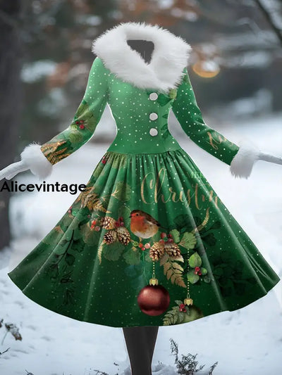 Christmas Art Print Vintage Elegant Fur Collar Long Sleeve Midi Dress A / S