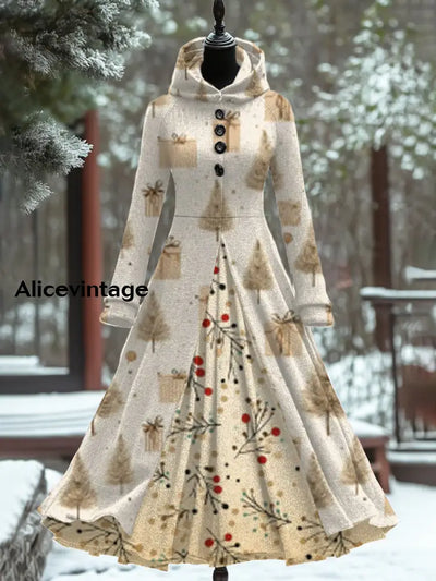 Christmas Art Print Vintage Elegant Long Sleeve Fake Two Piece Hooded Dress A / S