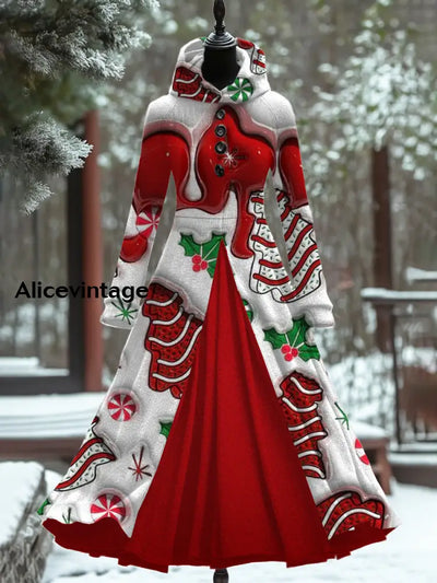 Christmas Art Print Vintage Elegant Long Sleeve Fake Two Piece Hooded Dress A / S