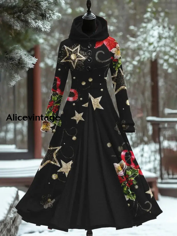 Christmas Art Print Vintage Elegant Long Sleeve Fake Two Piece Hooded Dress A / S