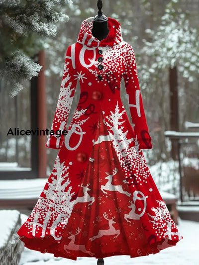 Christmas Art Print Vintage Elegant Long Sleeve Fake Two Piece Hooded Dress A / S