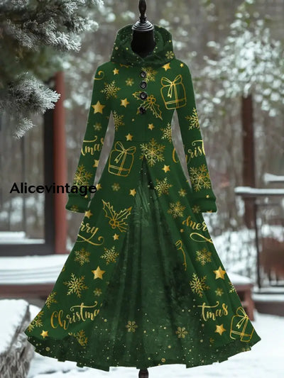 Christmas Art Print Vintage Elegant Long Sleeve Fake Two Piece Hooded Dress A / S