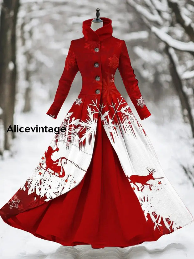 Christmas Art Print Vintage Elegant Long Sleeve Fake Two Piece Maxi Dress A / S