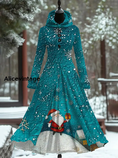 Christmas Art Print Vintage Elegant Long Sleeve Fake Two-Piece Maxi Dress A / S