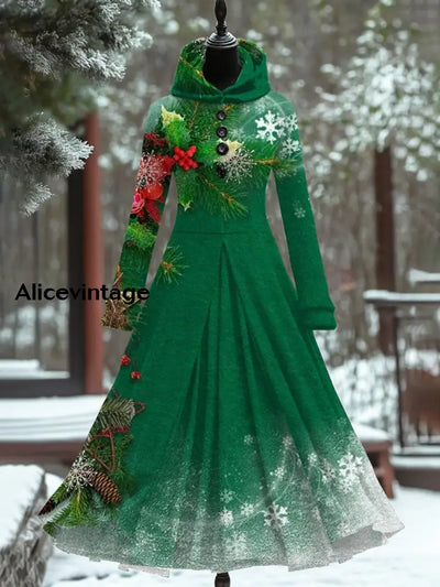 Christmas Art Print Vintage Elegant Long Sleeve Fake Two Piece Maxi Dress A / S