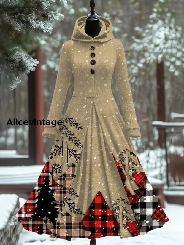 Christmas Art Print Vintage Elegant Long Sleeve Fake Two Piece Maxi Dress A / S