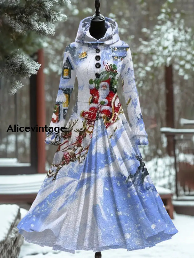 Christmas Art Print Vintage Elegant Long Sleeve Fake Two Piece Maxi Dress A / S