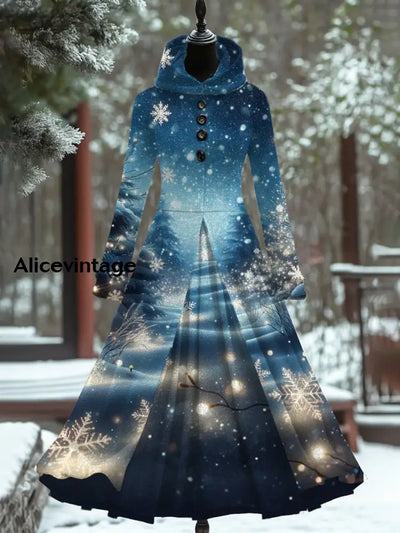 Christmas Art Print Vintage Elegant Long Sleeve Fake Two-Piece Maxi Dress A / S