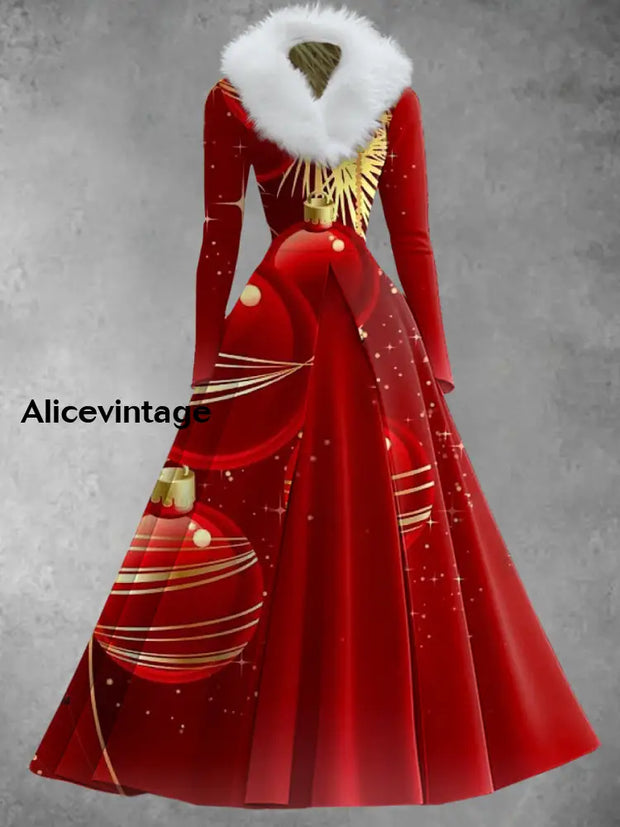 Christmas Art Print Vintage Elegant Long Sleeve Fake Two-Piece Maxi Dress A / S